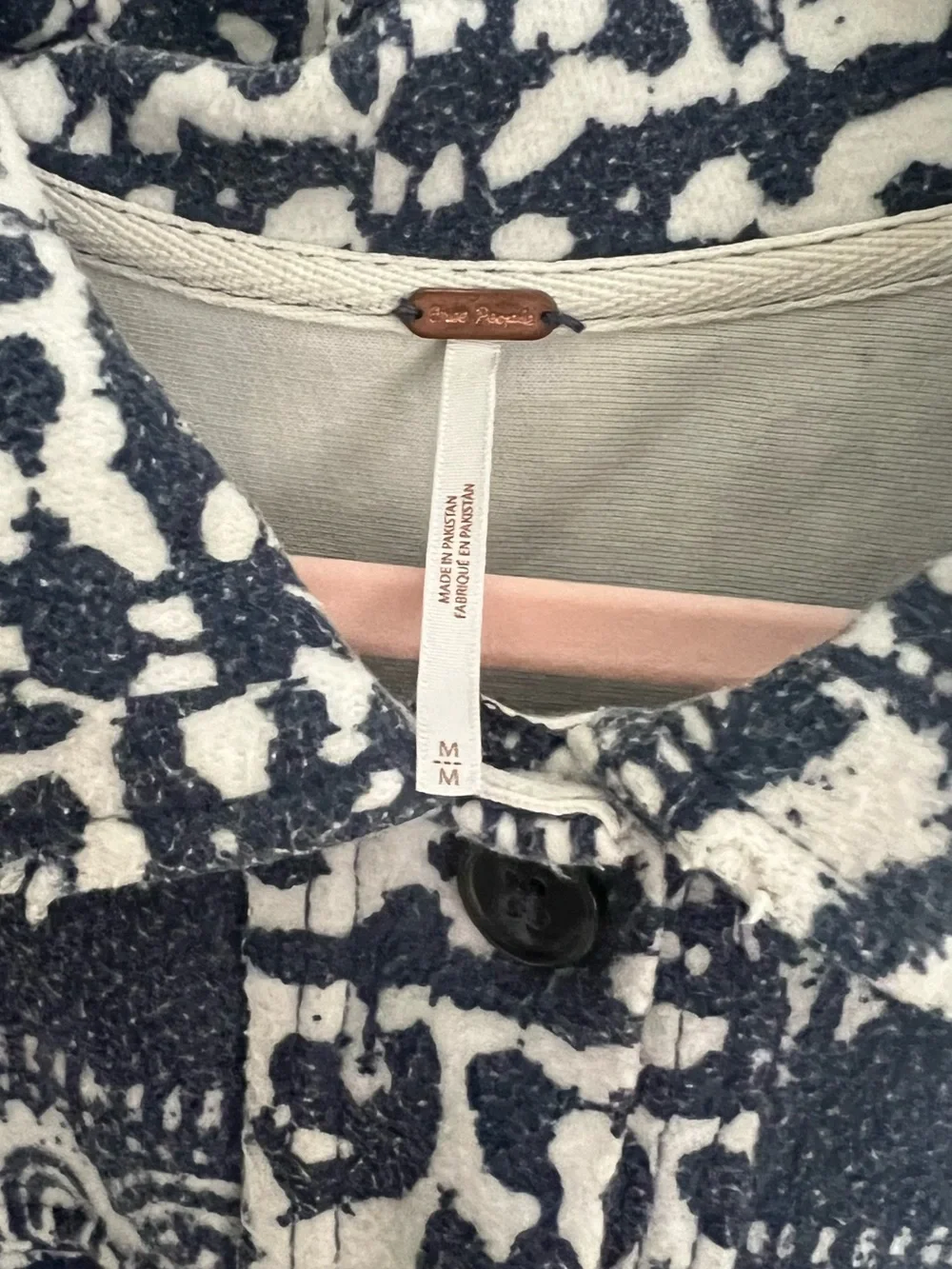 Free People Navy and White Abstract Print Button Jacket